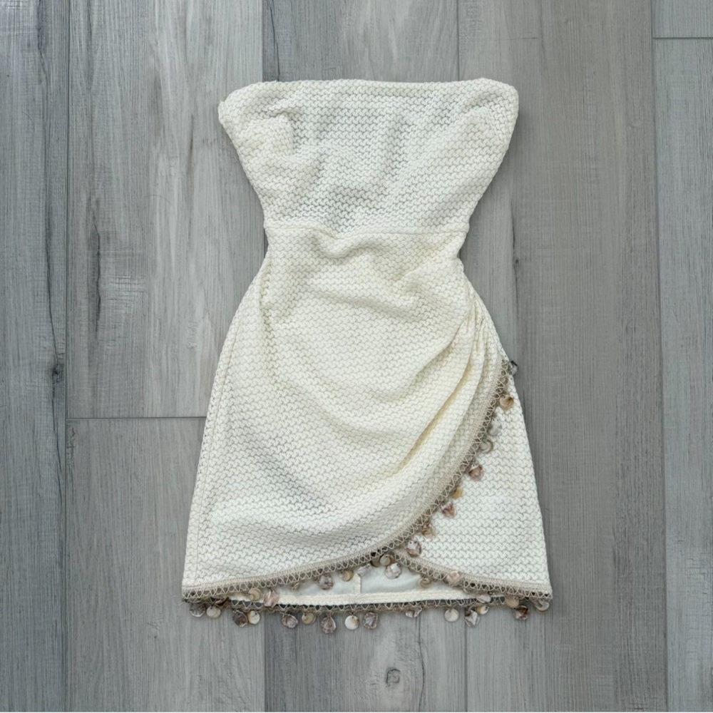 Windsor Cream Strapless Textured Mini Dress with Tassel Trim